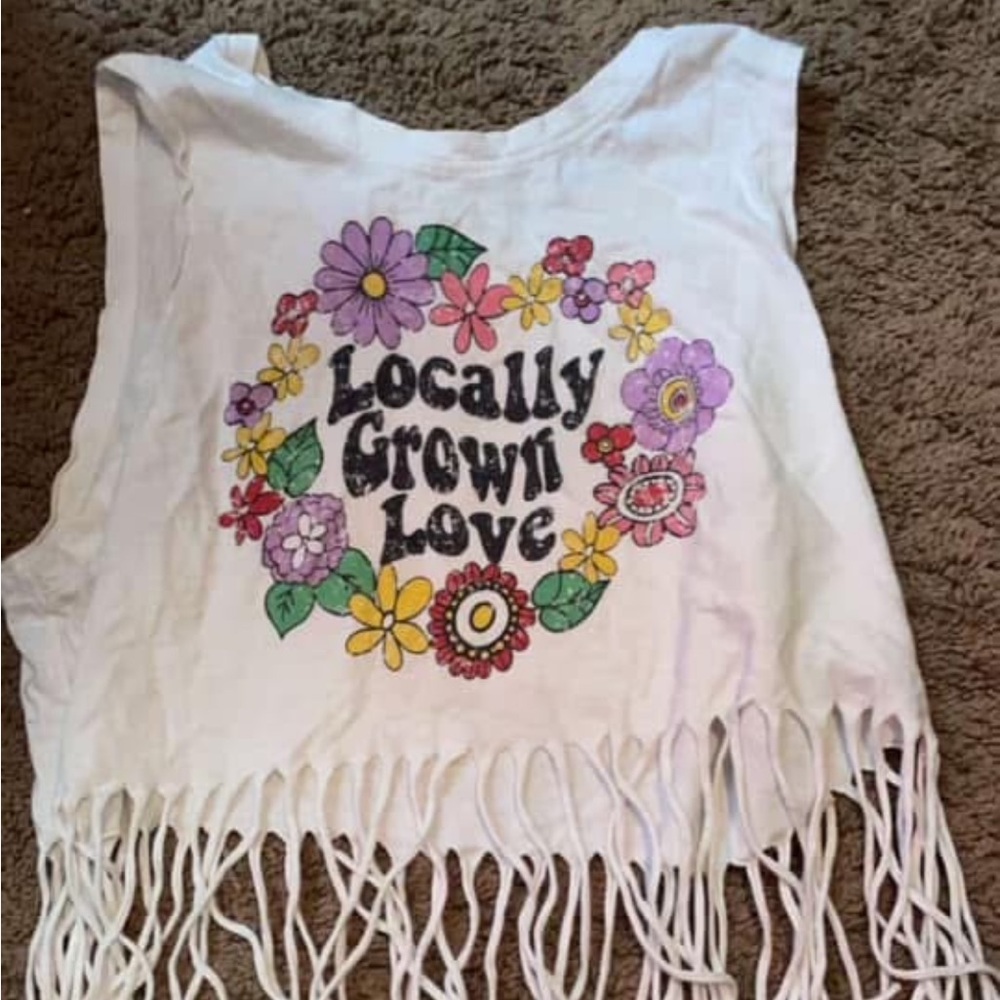 White Fringe Crop Top with Floral Design